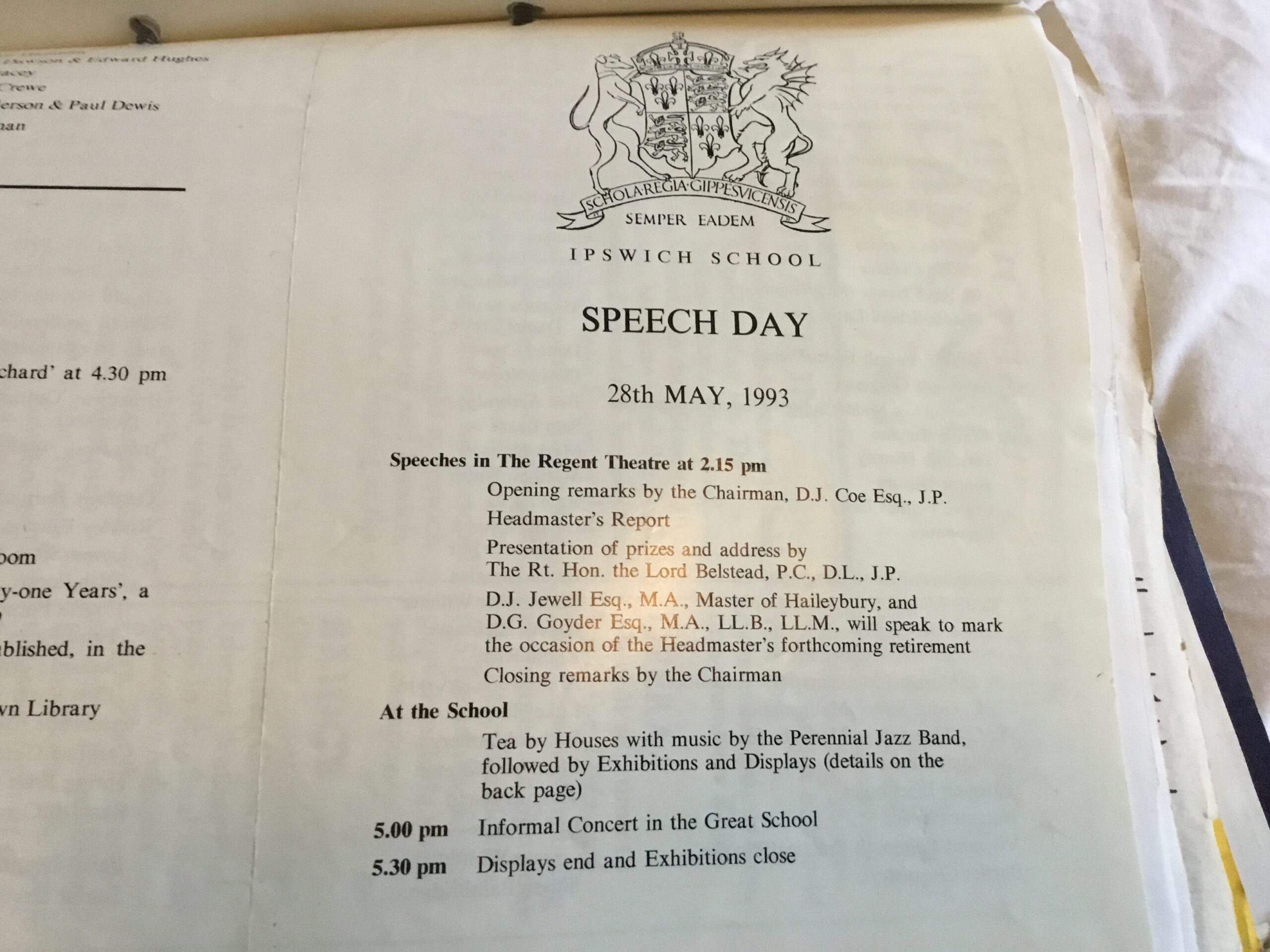 Speech Day Programme Front 1993