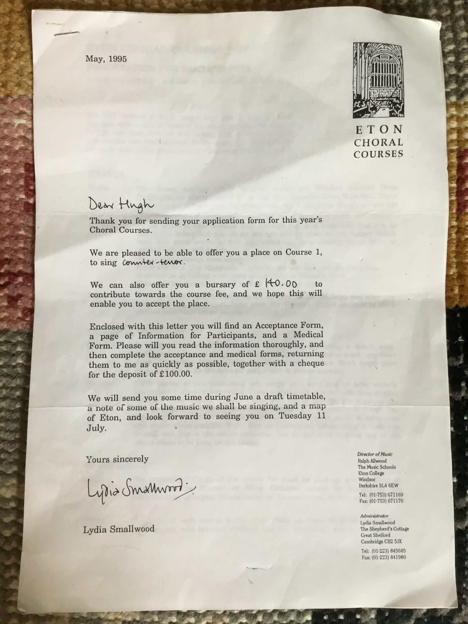 Acceptance Letter Choral Course 1 1995 and Bursary