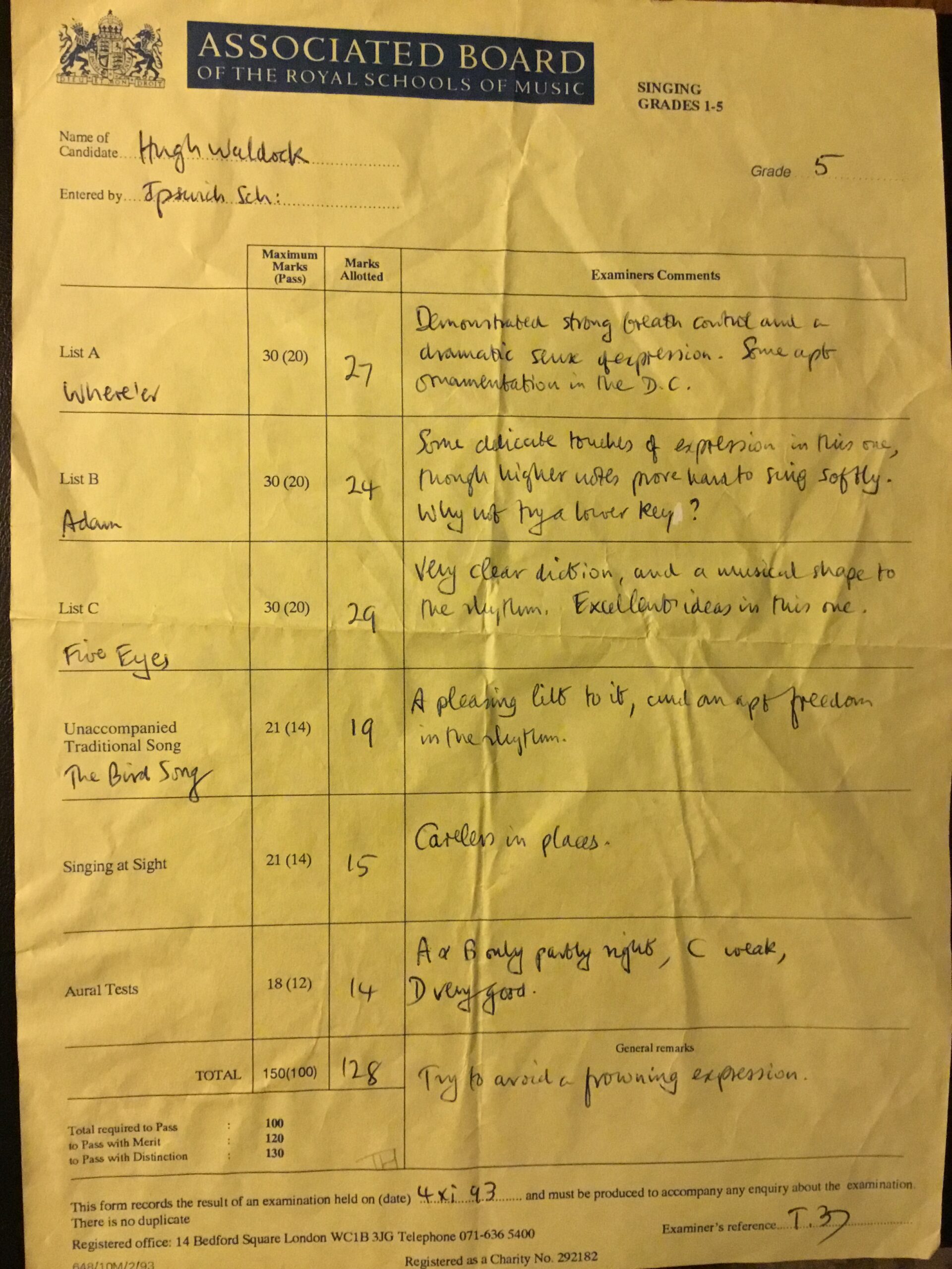 Grade 5 mark sheet with 29 in Five Eyes Grade 5 mark sheet with 29 in Five Eyes